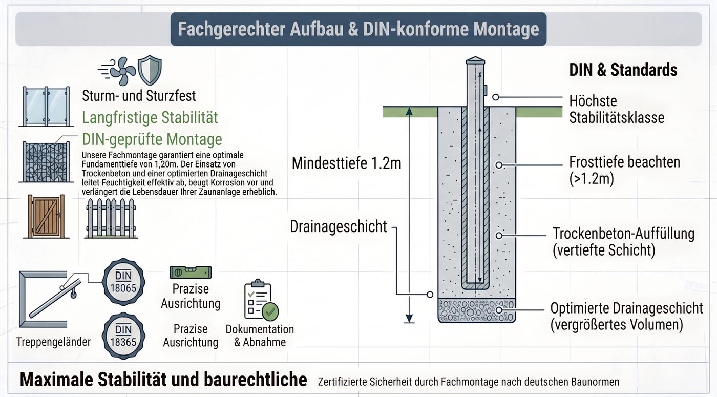 Fachgerechter Aufbau & DIN-konforme Montage: Mindesttiefe 1,2 m, Frosttiefe, Trockenbeton-Auffüllung, optimierte Drainageschicht